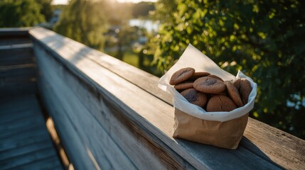 Freshly baked cookies in kraft bag on sunlit wooden balcony with greenery background and copy space