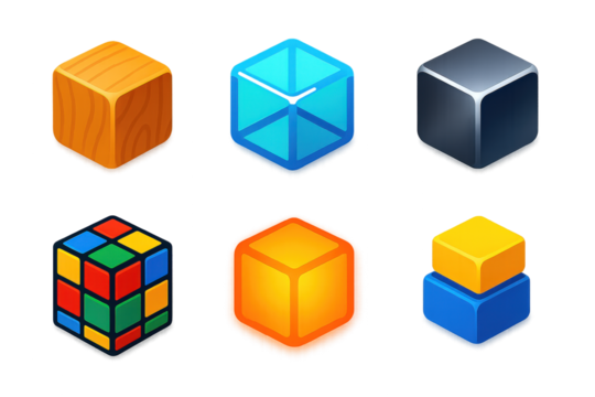 3D Cubes Icon Set. 3D icon set of cubes: wooden block, glass cube, metallic cube, puzzle cube, glowing cube, stacked blocks. A set