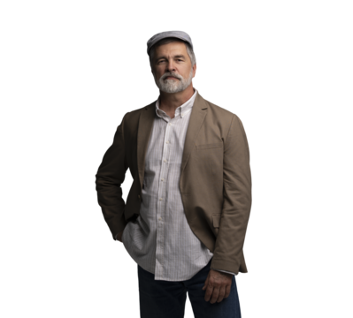 Attractive serious grey-haired man in suit and flat cap isolated on transparent background