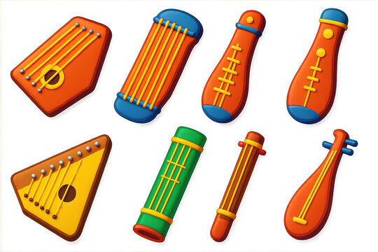 Global Music Icons. 3D icon set of global traditional music: zither from Europe, guzheng from China, koto from Japan, qanun from
