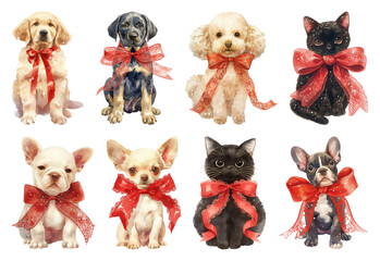Plakat PNG Adorable puppies kittens with bows, element set on transparent background