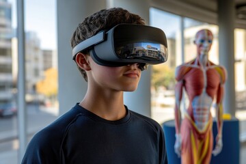 A young person immersed in virtual reality, wearing a VR headset, with an anatomical human model in the background, suggesting immersive learning or training.