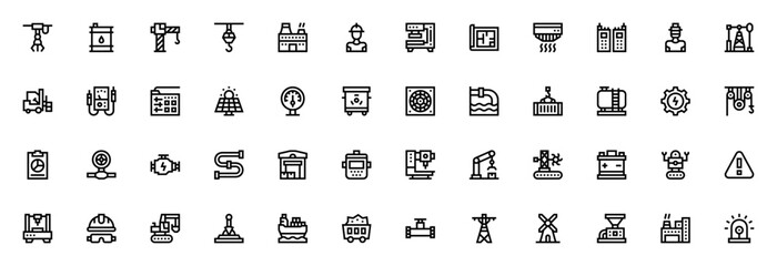 Industrial Process icon set. Vector illustration. Inludes symbols for factory,robot, machinery, energy, ipeline, worker, safety an more. Editable stroke.