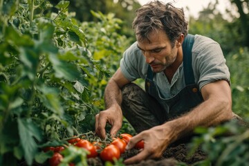 A dedicated farmer carefully harvests ripe red tomatoes from his bountiful garden, ensuring fresh, natural produce. He tends his organic crops.