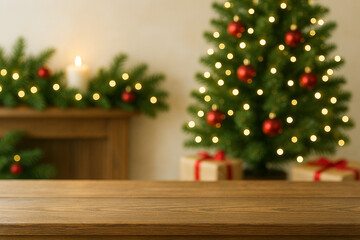 Blurred Christmas tree with lights and gifts, wooden table foreground background.