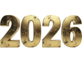 Golden distressed 2026 numbers on a transparent background PNG image, metallic texture for new year celebration event