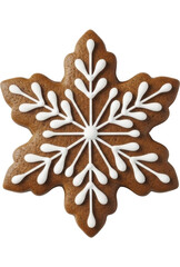 Gingerbread snowflake cookie with white icing decoration on a transparent background, PNG image, PNG file