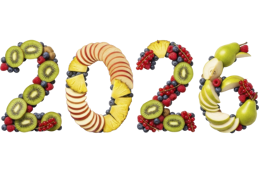 Fresh fruit arrangement forming year 2024 numbers healthy eating concept on a transparent background PNG image