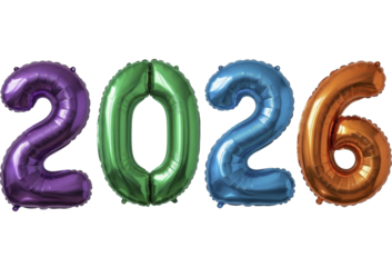 Colorful Metallic Foil Balloons Spelling 2026 on a Transparent Background PNG Image
