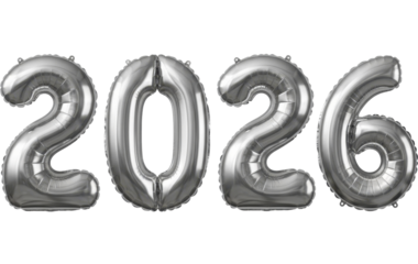 Silver foil balloon numbers 2026 on transparent background PNG image New Year celebration PNG file