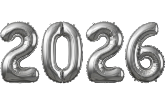 Silver foil balloon numbers 2026 on transparent background PNG image New Year celebration PNG file