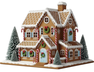 Festive Gingerbread House with Icing Candy Canes and Snow Winter Holiday New Year Celebration on a transparent background PNG image PNG file