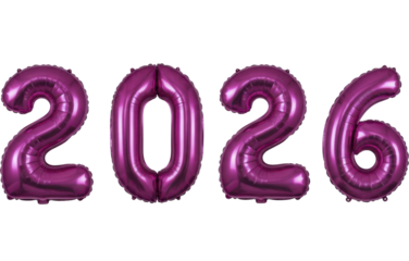 Purple 2026 foil balloon numbers for new year celebration on a transparent background, PNG image
