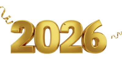Golden 2026 numbers with shiny confetti and streamers, on a transparent background, PNG image