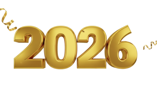 Golden 2026 numbers with shiny confetti and streamers, on a transparent background, PNG image