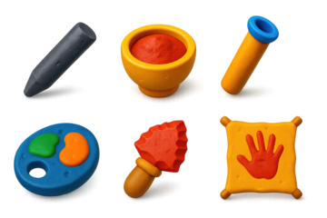 Prehistoric Art Tools Icons. 3D icon set of prehistoric art tools: charcoal stick, pigment bowl, hollow reed blower, stone palette