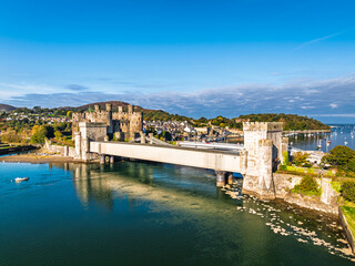 Conwy Castle over River Convy from a drone, Convy, North Wales, England