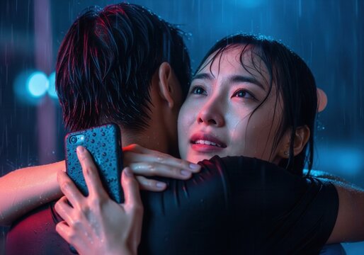 Emotional Cinematic Close Up Of Couple Embracing In Rain