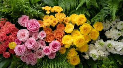 Vibrant summer botanical pattern featuring bright roses, lush ferns, and colorful flowers with seamless design and fresh romantic atmosphere