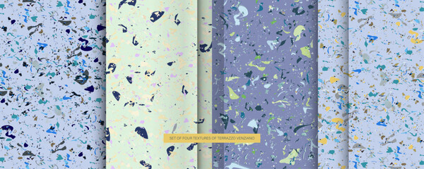 Set seamless terrazzo patterns. Pattern for ceramics marble natural stone. Vector stock illustration textured shapes in vibrant colors