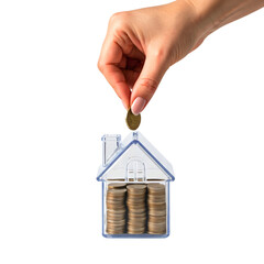 A hand places a coin into a transparent house-shaped piggy bank filled with stacked coins. The background is black, emphasizing the financial concept.