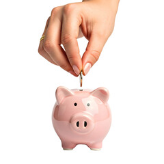 A hand places a coin into a pink piggy bank. The piggy bank has a glossy finish and a classic design. The background is transparent, emphasizing the action of saving money.