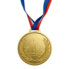 Gold medal with a laurel wreath design and a red, white, and blue ribbon. The background is transparent, highlighting the medal's details.