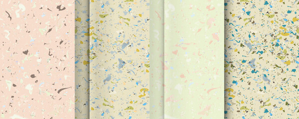 Set seamless terrazzo patterns. Pattern for ceramics marble natural stone. Vector stock illustration textured shapes in vibrant colors
