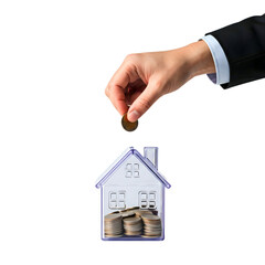 A hand places a coin into a transparent house-shaped piggy bank filled with coins. The background is black, emphasizing the financial concept of saving for a home.