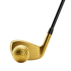 A golden golf club and a golf ball on a transparent background. The club has a sleek design with a shiny finish, and the ball features a dimpled texture.