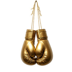 Two golden boxing gloves hanging from a string against a transparent background. The gloves are shiny and well-defined, showcasing their shape and texture.