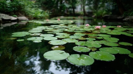 Serene pond filled with blooming pink lotus flowers and lush green lily pads, tranquil highangle view with soft textures and peaceful atmosphere, copy space for text