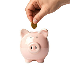 A hand placing a coin into a pink piggy bank on a transparent background. The piggy bank has a classic design with a slot for coins.