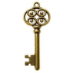 A vintage golden key with an ornate design and a transparent background. The key features a circular head with three decorative elements and a traditional shaft.