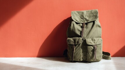 Vibrant coral background with olive green travel backpack filled with stationery, high angle wide shot, bright textured surface, modern and stylish design, copy space for customization