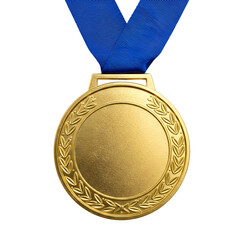 Gold medal with a blue ribbon on a transparent background. The medal features a laurel wreath design and a blank center for engraving.