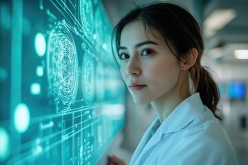 A focused scientist or engineer observes a futuristic, glowing data display in a high-tech lab environment.