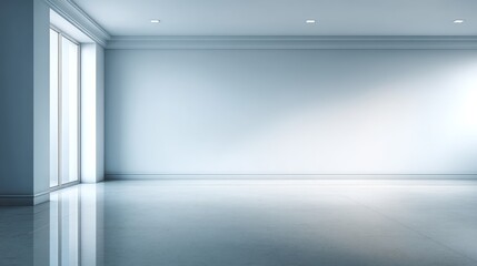 Bright empty minimalist studio with natural light streaming through large windows, clean white walls and smooth surfaces creating a calming, modern atmosphere for versatile product displays