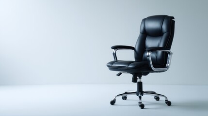 Modern ergonomic black leather office chair with chrome accents, highangle view against a minimalist white background, emphasizing sleek design and comfort, perfect for professional workspace