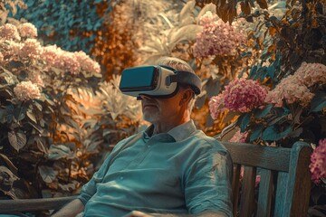 An elderly man is engrossed in a virtual reality experience, wearing a VR headset while relaxing on a bench in a vibrant garden.