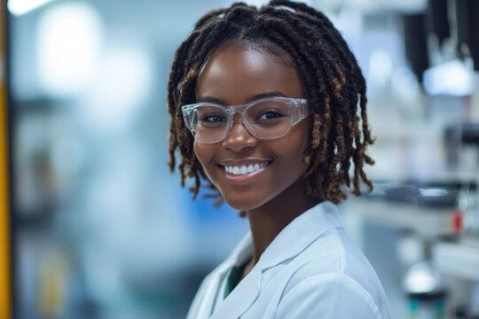 A smiling Black female scientist wearing a lab coat and safety glasses, exuding professionalism and confidence in a laboratory setting.