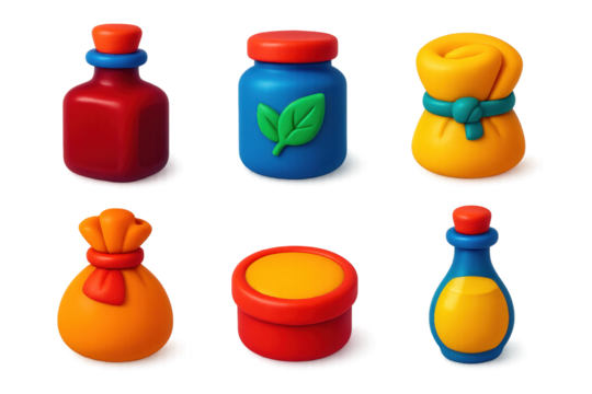 Vintage Remedies Icons. 3D icon set of vintage remedies: tonic bottle, herbal tea jar, poultice wrap, spice pouch, ointment tin,