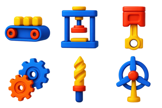 Industrial Icon Set. 3D icon set of industrial machinery: conveyor belt, hydraulic press, piston, gear assembly, drill bit,