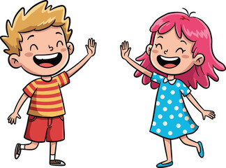 Cartoon happy kids giving high five, boy and girl smiling, friendship, fun activity, childhood joy, teamwork, playful children illustration.