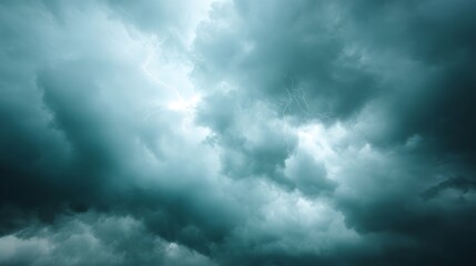 Dramatic lowangle shot of dark storm clouds with vivid lightning bolts illuminating the turbulent sky, creating a powerful and ominous atmosphere with ample copy space on the right