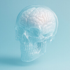 Transparent glass skull with visible brain inside, symbol of intelligence and neurotechnology.