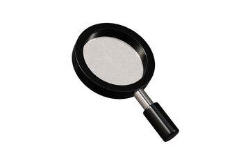 3D magnifying glass icon for search, inspect zoom minimal black and metal lens tool isolated on black. 3D render.
