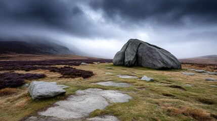 Large animalshaped mountain boulder on foggy ridge under stormy clouds with rugged landscape and dramatic sky in low angle wide shot