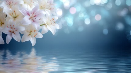 Elegant white lilies reflected in tranquil pond water with serene blue tones and soft bokeh background, capturing peaceful beauty from a low angle with ample copy space