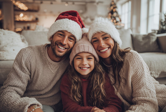 Family of three wearing santa hats and winter sweaters, embracing, smiling for holiday celebration at home - Powered by Adobe